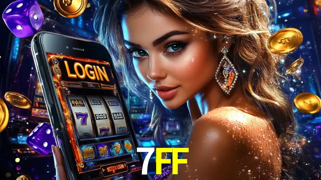Mulher glamorosa segurando um smartphone com a tela de login para os jogos de caça-níqueis do cassino online 7FF, com moedas de ouro e dados ao redor.
