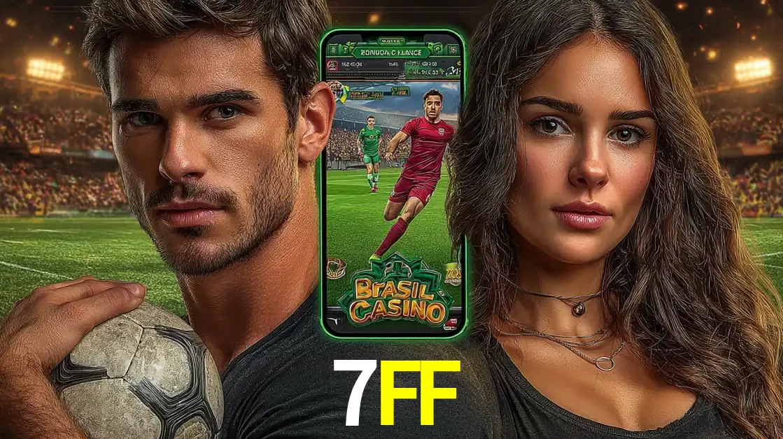 Homem segurando uma bola de futebol e uma mulher ao lado de um smartphone exibindo o jogo de apostas esportivas da 7FF. Faça seu palpite no cassino online.